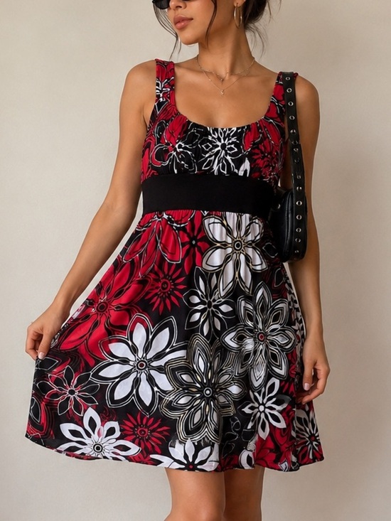 Suzy Shier Dresses & Skirts - Suzy Shier Y2K Black, Red & White Floral Empire-Waist Midi Dress